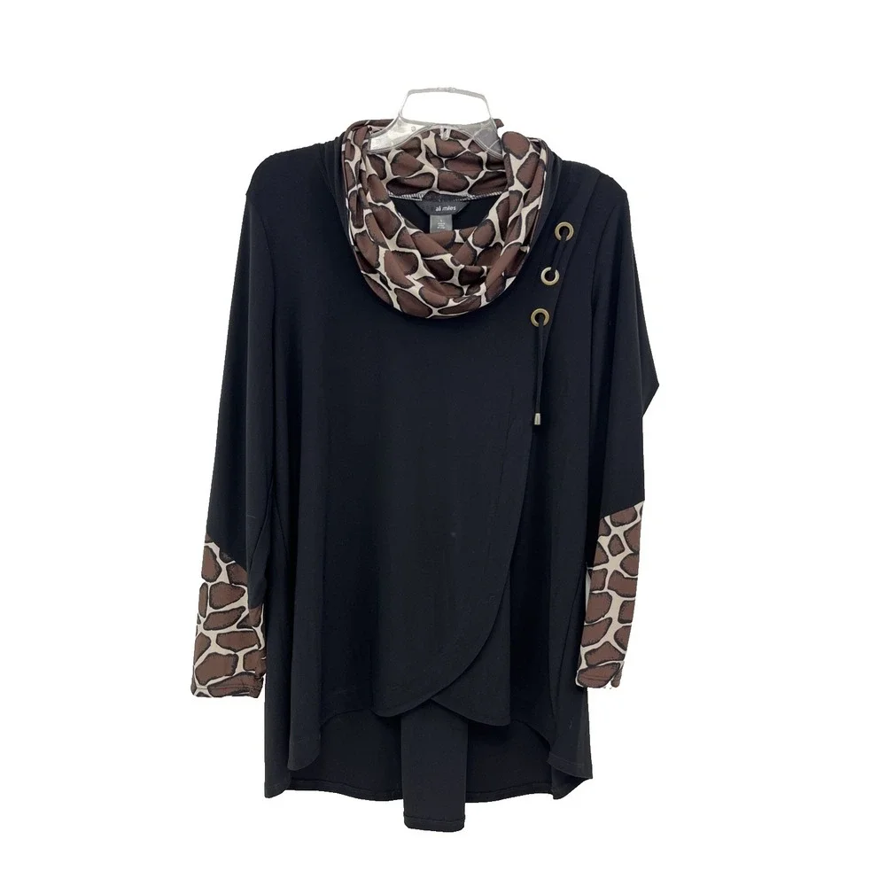 Ali Miles Tunic Top Size L Black Giraffe Print Cowl Neck Rivets